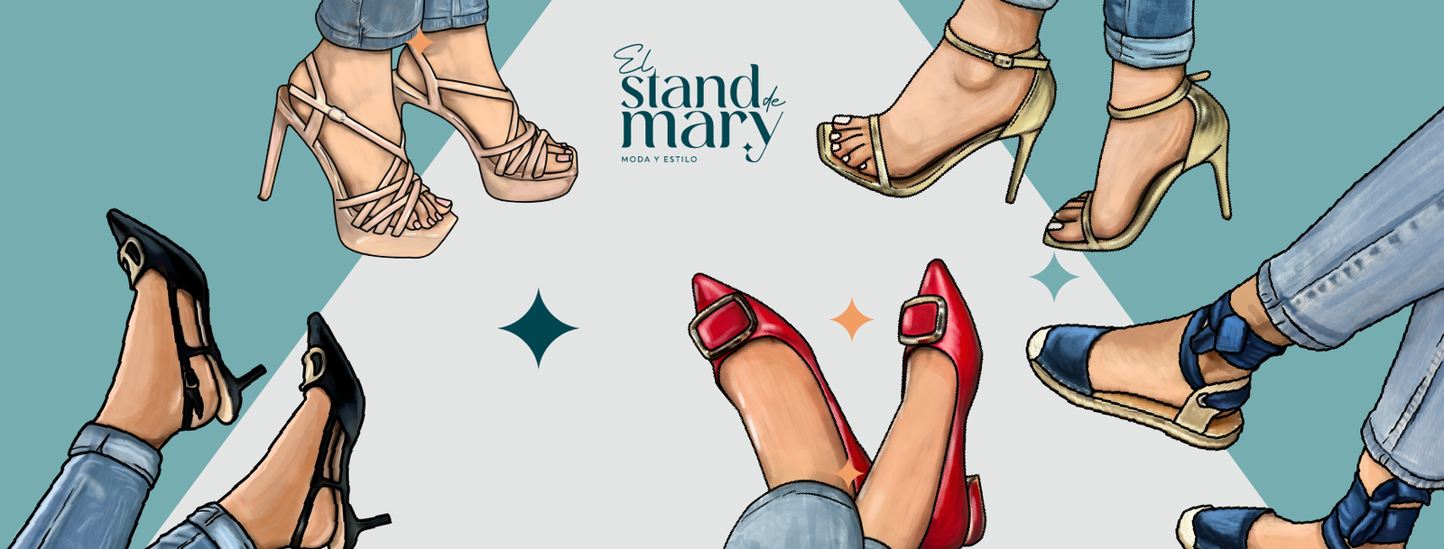 El Stand de Mary, moda y estilo, con ilustraciones de sandalias, tacones y plataformas.